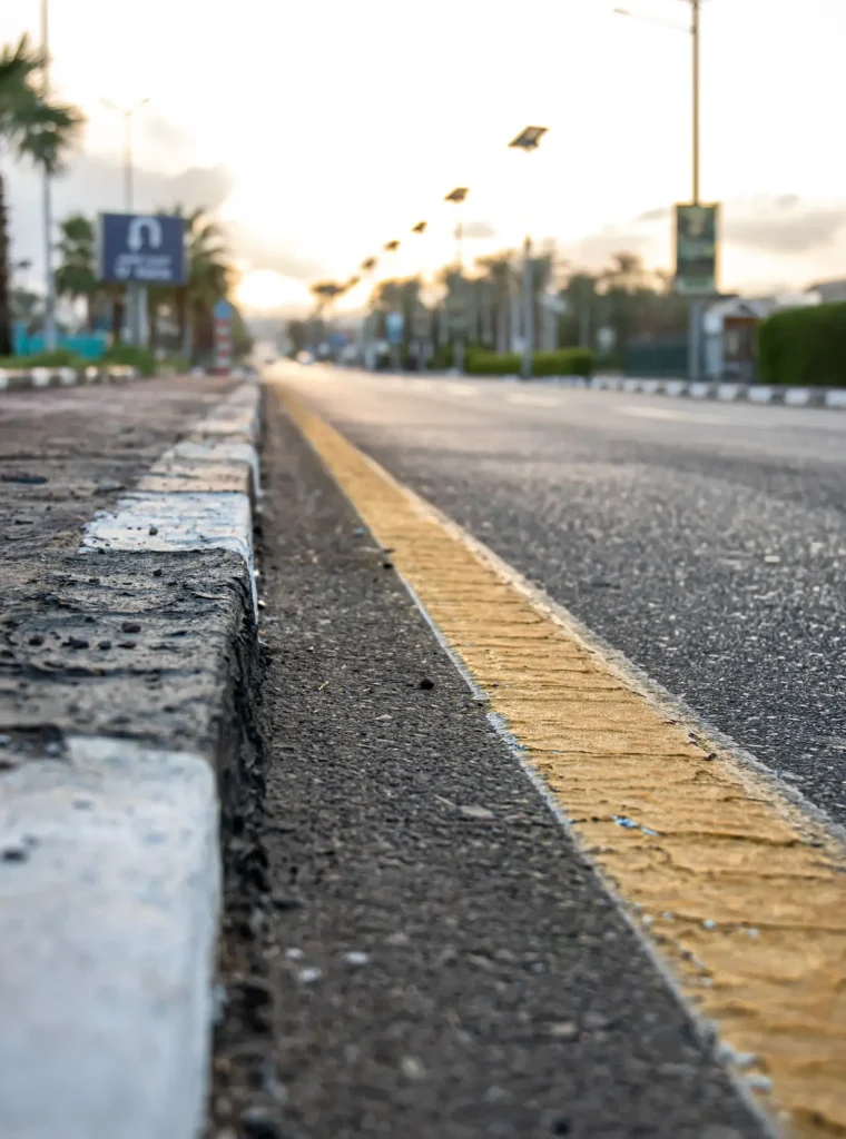 close-up-city-asphalt-road-with-palm-trees-along-road-sunset